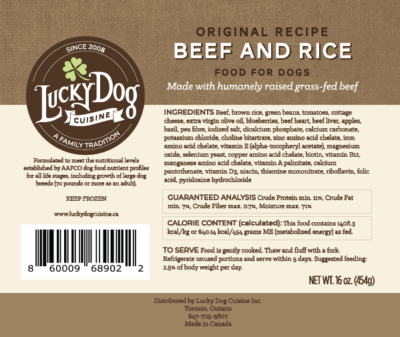 Beef and rice label with ingredient list and guaranteed analysis 