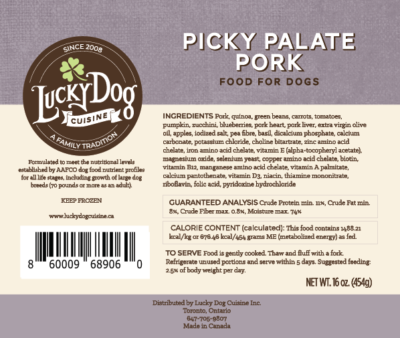 Pork and quinoa label with ingredient list and guaranteed analysis 