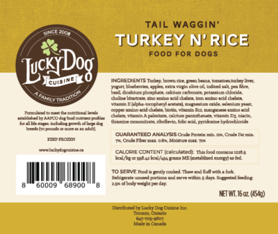 Turkey and rice label with ingredient list and guaranteed analysis 