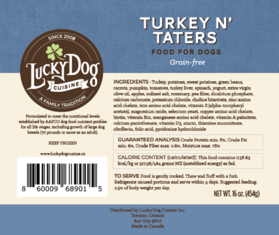 Turkey and taters recipe label with full ingredient list and guaranteed analysis