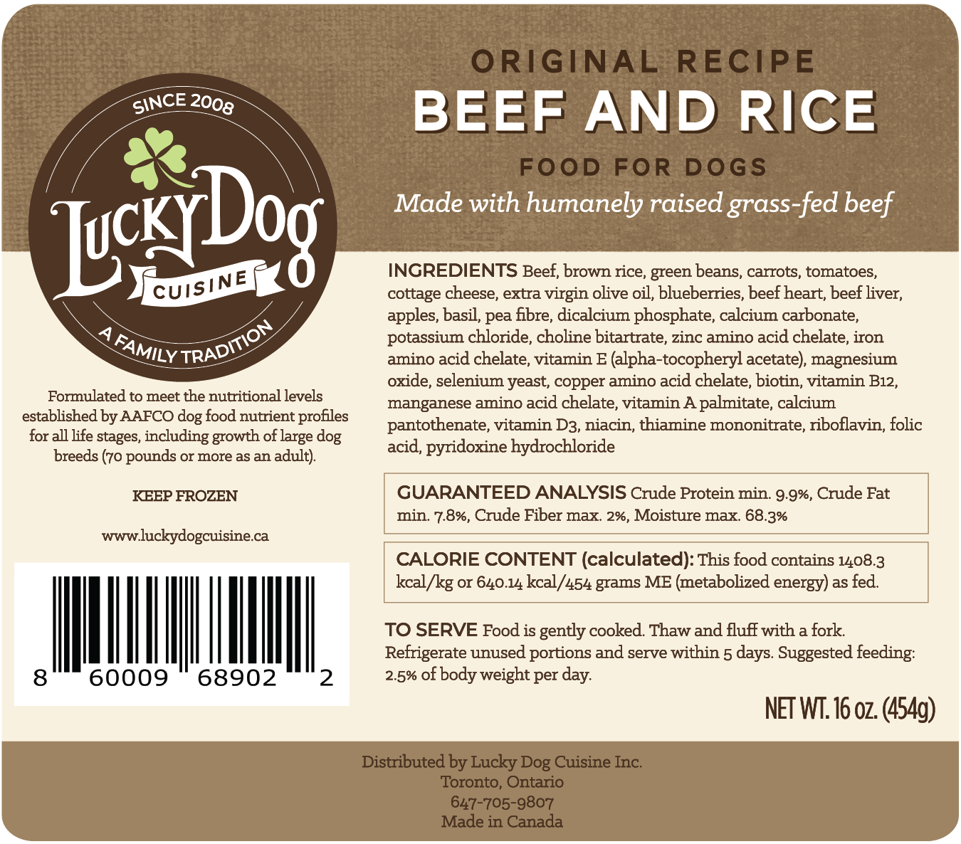 Beef and rice label with ingredient list and guaranteed analysis