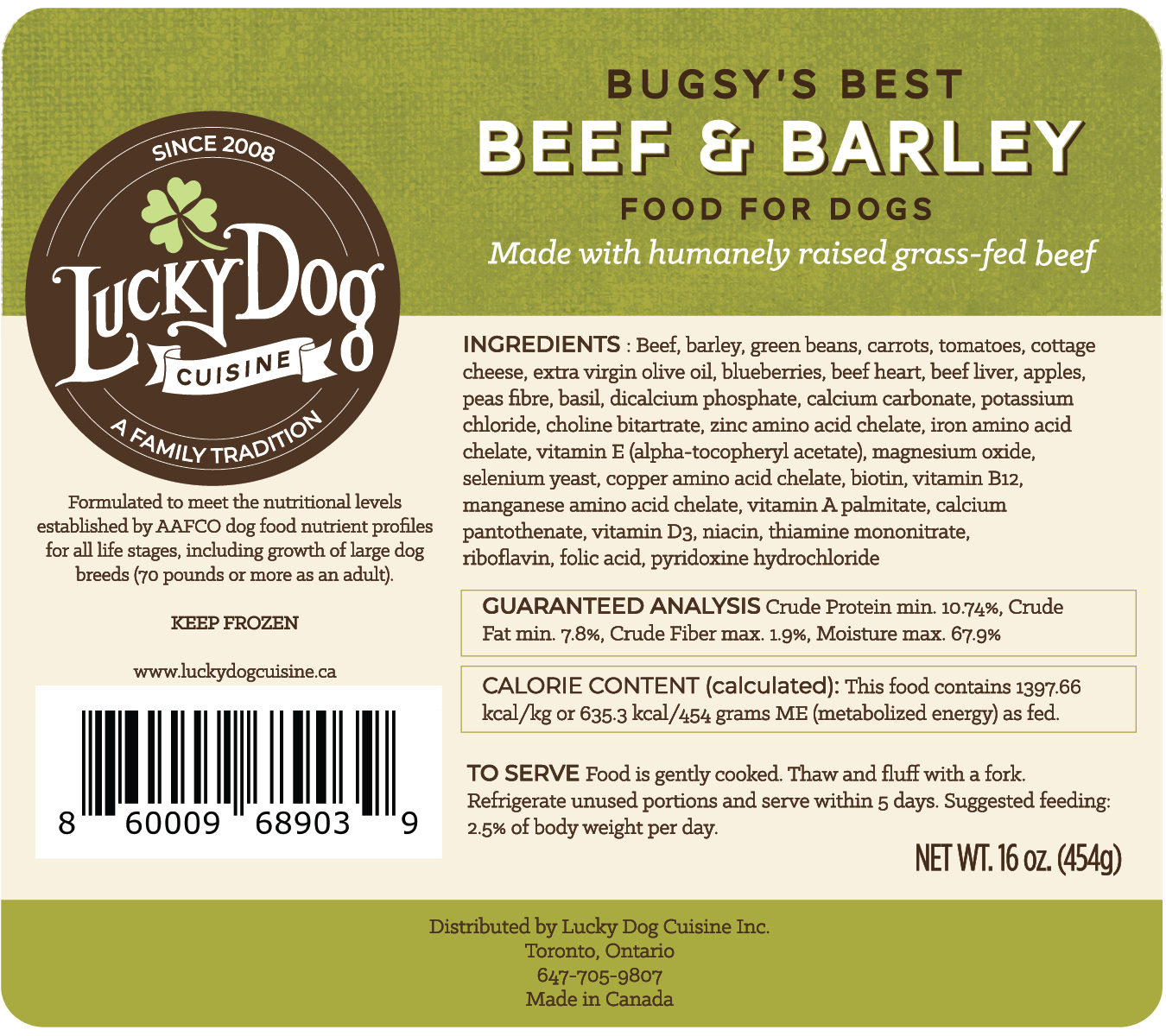 Beef and barley label with ingredient list and guaranteed analysis