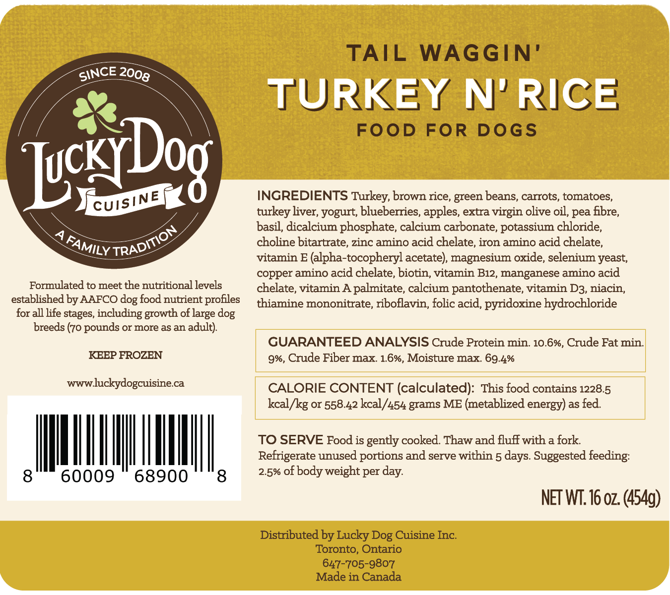 Turkey and rice label with ingredient list and guaranteed analysis