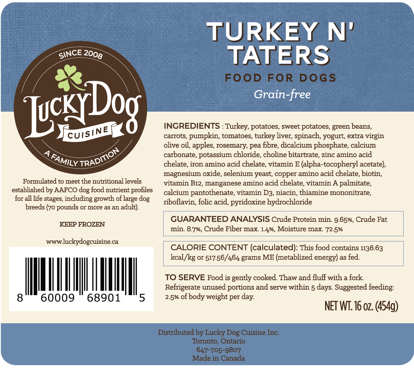 Turkey and taters recipe label with full ingredient list and guaranteed analysis